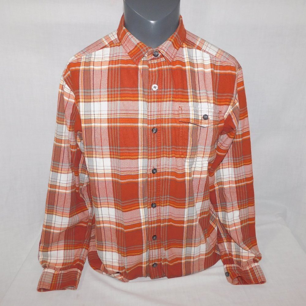 Columbia Orange Brown Plaid Button Front Jersey lined Flannel Shirt Mens L